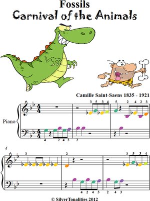 cover image of Fossils Carnival of the Animals Beginner Piano Sheet Music with Colored Notes